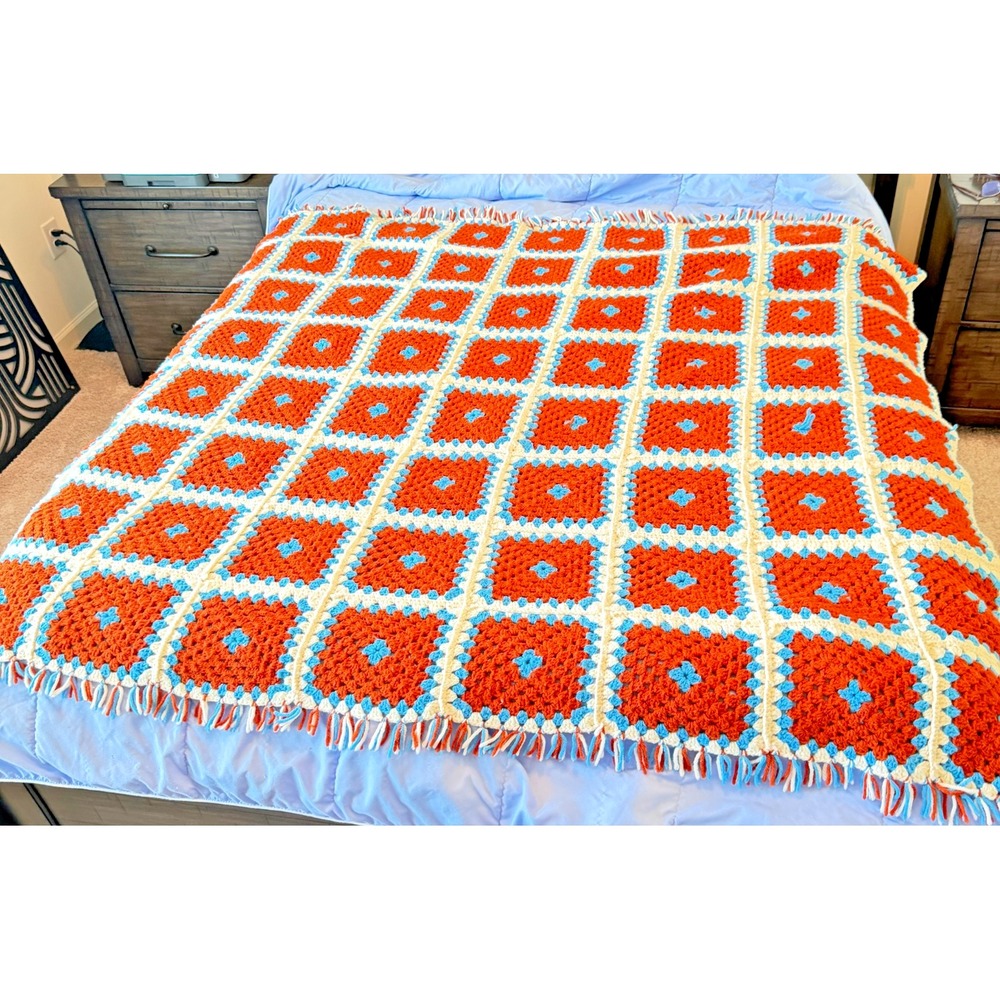 Vintage Granny Square Crocheted Handmade Colorful Blanket Afghan 74" x 64"